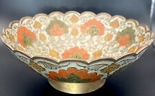 Vintage Solid Brass Bowl w/Peacock Cloisonne Design India Scalloped Trinket Dish picture