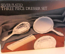 Ornate Silver Plated 3 Piece Dresser Vanity Set Hand Mirror Brush Comb NOS VTG picture