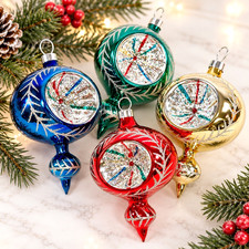 VTG Glass Reflector Indent Christmas Ornaments Teardrop Snowflake Finial Set/ 4 picture