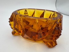 Amber Brown Glass Footed Trinket Bowl Small Oval Ring Dish Geometric 2.75 Inch picture