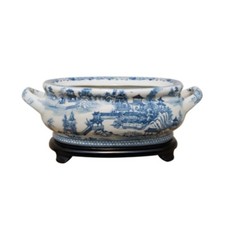 Beautiful Blue and White Blue Willow Landscape Porcelain Foot Bath w Stand picture