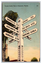 Sarasota FL Florida Tourist Guide Post Air Miles to Major Cities Linen Postcard picture