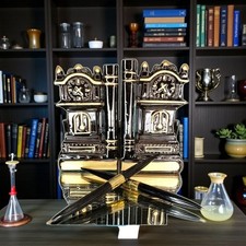 Vintage Windsor Grandfather Clock Bookends Desk Set w Pens Black Gold Japan 50s picture