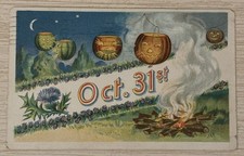 Antique/ Vintage Postcard - Halloween Oct. 31st - Five JOLs Campfire Thistle picture