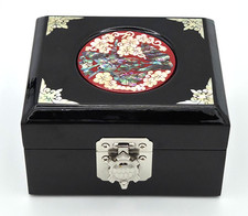Korean Black Lacquer Trinket Box Mother of Pearl Abalone w/Mirror & Turtle Clasp picture