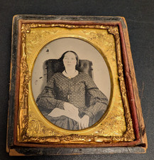 1860-1870 Civil War Era Daguerreotype Cased Image- Woman in polka dot dress sits picture
