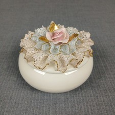 VTG Porcelain Lace Floral Trinket Jar Vanity Accessory Heirlooms of Tomorrow USA picture