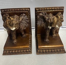 Vintage Pair Gold Composite Mammoth Elephant Bookends White Tusks - Heavy picture