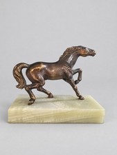 Vintage Bronze Tone Metal Prancing Horse Figurine Green Onyx Base Equestrian 6