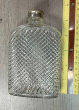Vintage Pressed Glass Pocket Flask Crosshatch Pattern Metal Screw Cap 9 12 Mark picture