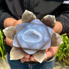 440G Natural Agate Geode Carved Lotus Flower, Hand Carved Healing Crystal Home picture