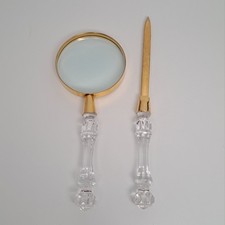 Vintage Fostoria Executive Crystal Desk Set Magnifying Glass Letter Opener Gold picture
