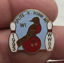 VTG Lapel Hat Pin Gold Tone WWBA 1993 Splits Are Robbin Me Bird Enameled WI picture