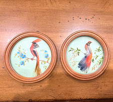 Vintage Mexican Folk Art Feather Craft Bird Picture Carved Frame Set of 2 picture