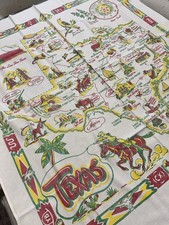 Vintage Texas State Souvenir Map Tablecloth Cotton Landmarks Green Red Yellow picture