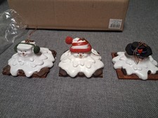 Vintage Christmas Tree Ornaments Set of 3 Smores Wood & Ceramic  picture