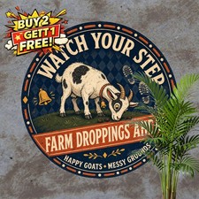 Funny Goat Warning Notice Iron Round Metal Tin Sign Farmhouse Wall Decor picture