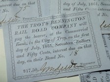 LOT 1861 antique 24pc TROY BENNINGTON RAILROAD CO MORTGAGE COUPONS orig picture