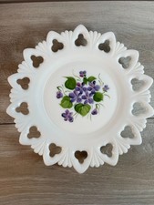Vintage Milk Glass Lace Edge Plate Hand Painted Violets Openwork Floral picture