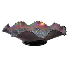 NORTHWOOD GRAPE & CABLE Amethyst CARNIVAL Glass Ruffled Bowl ca 1910 Antique 9