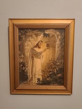Vintage 1942 Jesus Christ Knocking At The Door Home  Framed Lithograph 10x12 picture