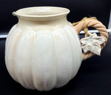 Pumpkin Shape Cream Ceramic Pitcher Twisted Handle Leaf Accent Rustic Fall Décor picture
