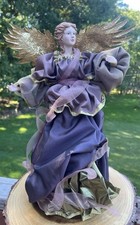 Vintage BN Christmas Angel Tree Topper 17” Porcelain Face Gold Wings Purple Gown picture