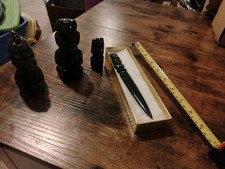 Vintage Mexican Teotihuacan Obsidian Sacrificial Dagger & 3 Deity Statues Set picture