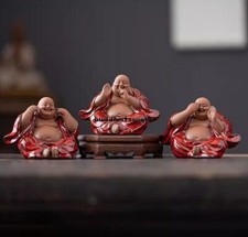 3 Pcs Chinese Zi Sha Clay Laughing Maitreya Buddha Statue Zen Decor picture