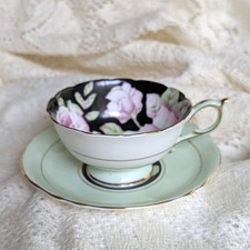 Vintage Paragon Double Warrant Teacup Saucer Pink Cabbage Rose Black Mint Green picture