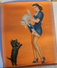 Original Vintage 1940s Pinup Girl Lithograph Scottie Dog+Cat by Fitz Boynton picture