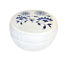 Vtg Federalist White Ceramic Lidded Trinket Dish Ashtray Blue Floral Round 5