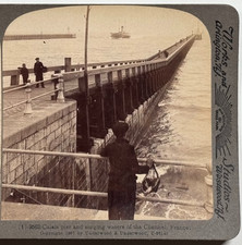 Calais Pier and Surging Waters of Channel, France, Historic Vintage Stereoview picture