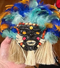 Vintage Amazon Brazilian tribal Mask with Feather Headdress, piranha teeth picture