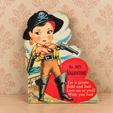 Pirate Girl Valentine's Day Card Skull Crossbones Die Cut Vintage Valentine picture