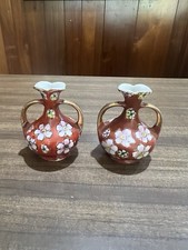 Pair Vintage Japanese Miniature Vases Cherry Blossom Red Ground Gilt Handles  picture