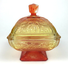 VTG Jeanette Amberina 125 Glass Acorns Leaves Covered Candy Dish Lid Red Orange picture