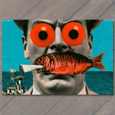 POSTCARD Fish Cigarette Surreal Man Big Red Eyes Ocean Ship Collage Humor picture