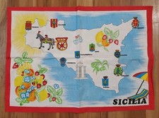 Vintage Souvenir SICILY SICILA MAP Red Blue White Cotton Kitchen Tea Towel picture