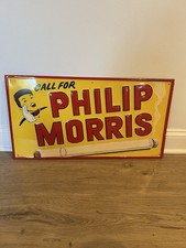 Vintage 1950s Call For Philip Morris Tin Embossed Sign Stout Sign Co 27x14 picture