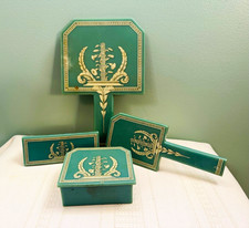 Vintage 1930s Art Deco DuPont Lucite 4-Piece Vanity Set Green Greek Urn Motif picture