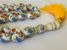 Antique Camel Bone Rosary Engraved Silver Amber Enamel سبحة عظم جمل سوبر أنتيك picture