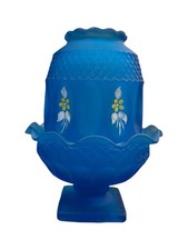 Vintage Westmoreland Wakefield Fairy Lamp Hand Painted Flowers Blue Satin Glass picture