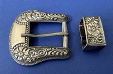 VTG Old Western American Unbranded Sterling Silver Ranger Belt Buckle & Keeper picture