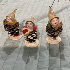 Vintage Japan Pinecone Elves Set 3 Christmas Pixie Figurines Drum Gift  MCM Deco picture