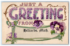 1911 Just A Greeting From Billiards Michigan MI Purple Flowers Embossed Postcard picture