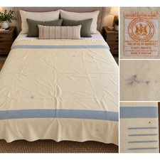 Vintage Hudson's Bay Point Blanket 4 Point Cream Blue 100% Wool Made in England picture
