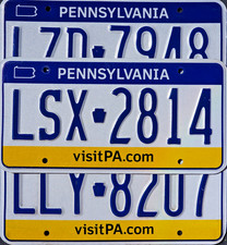 One PENNSYLVANIA LICENSE PLATE Random # Blue Letters Yellow Band License Plates picture