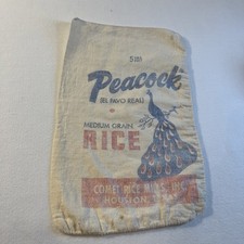 Vintage Peacock Medium Grain Rice Sack Comet Rice Mills Houston Texas 12”X7” picture