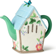 Teapot Ceramic Flora Birdhouse 32 Ounce Hand-Painted Pastel Floral Butterfly picture